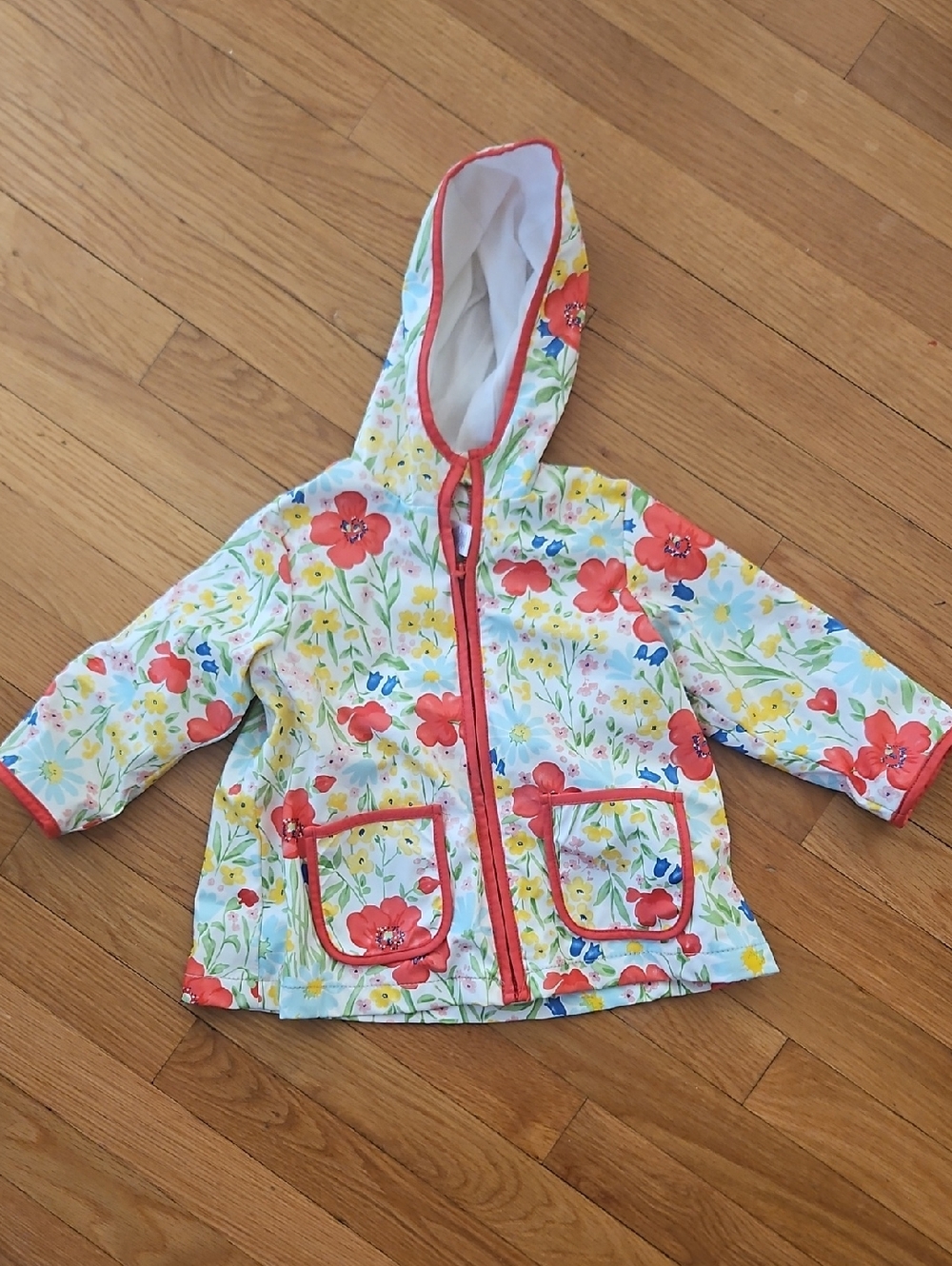 Little Me White Floral Hooded Raincoat with Coral Trim